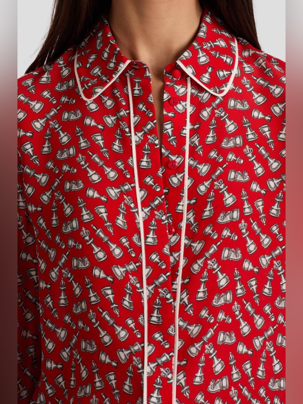 Alice + Olivia Willa Chess Piece Print Silk Button-Up Shirt - Picture 4 of 8